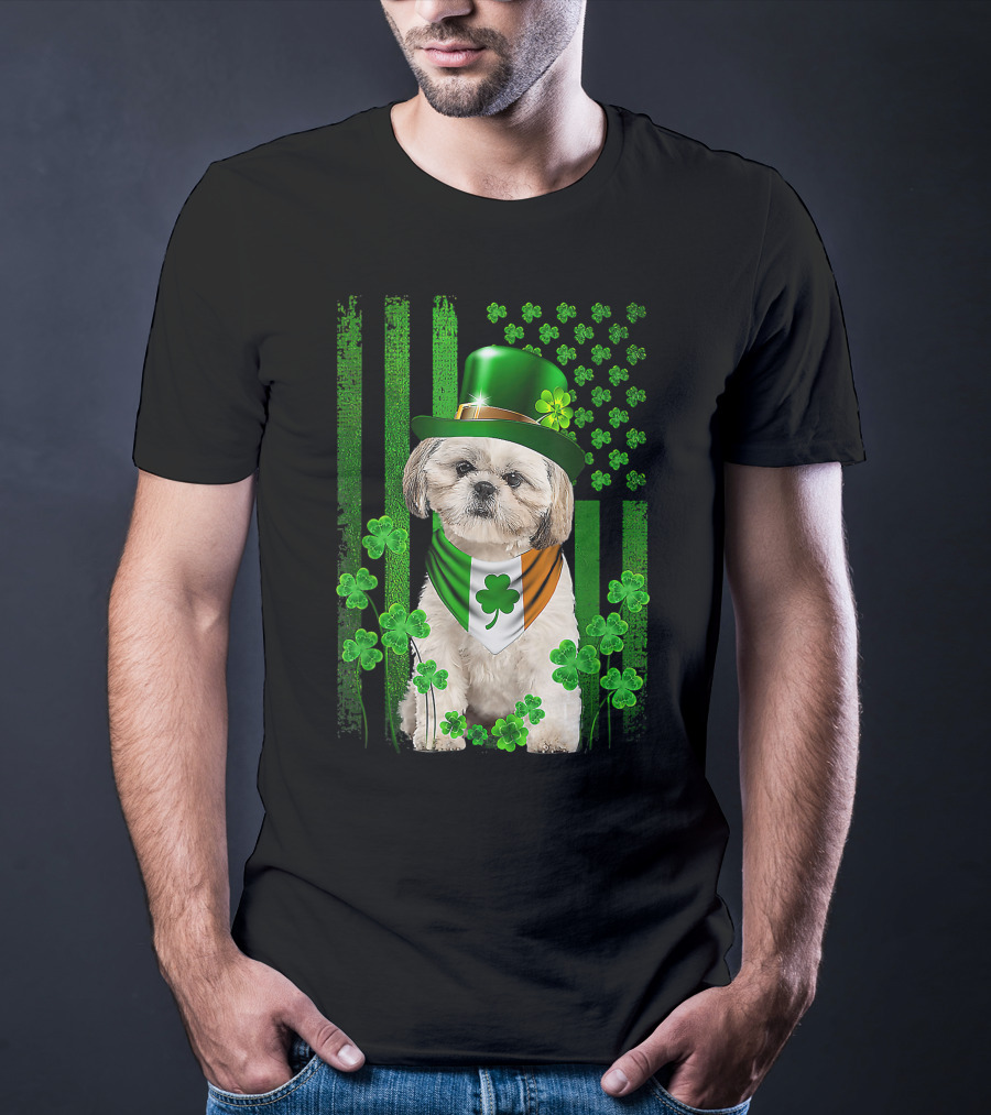 St Patrick's Day Shamrock Hat Shih Tzu With Irish Flag Scarf T-Shirt