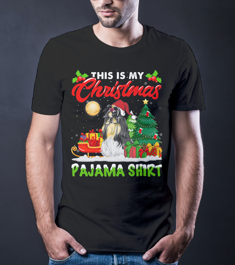 Christmas Pajama Shih Tzu Dog With Santa Hat And Presents T-Shirt