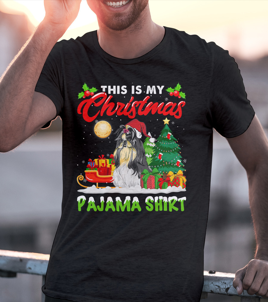 Christmas Pajama Shih Tzu Dog With Santa Hat And Presents T-Shirt