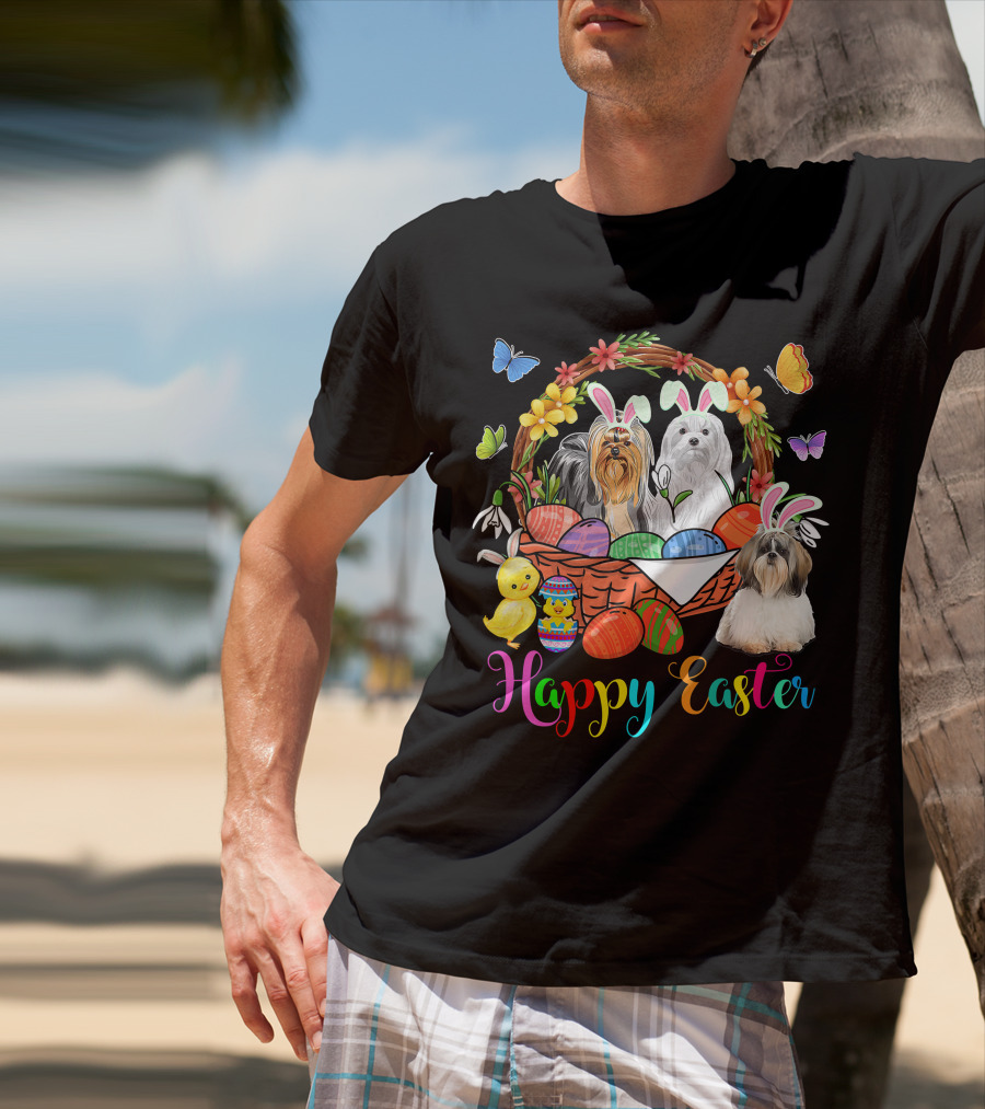 Happy Easter Three Bunny Shih Tzu Dogs In Easter Eggs Basket With Butterflies And Flowers T-Shirt