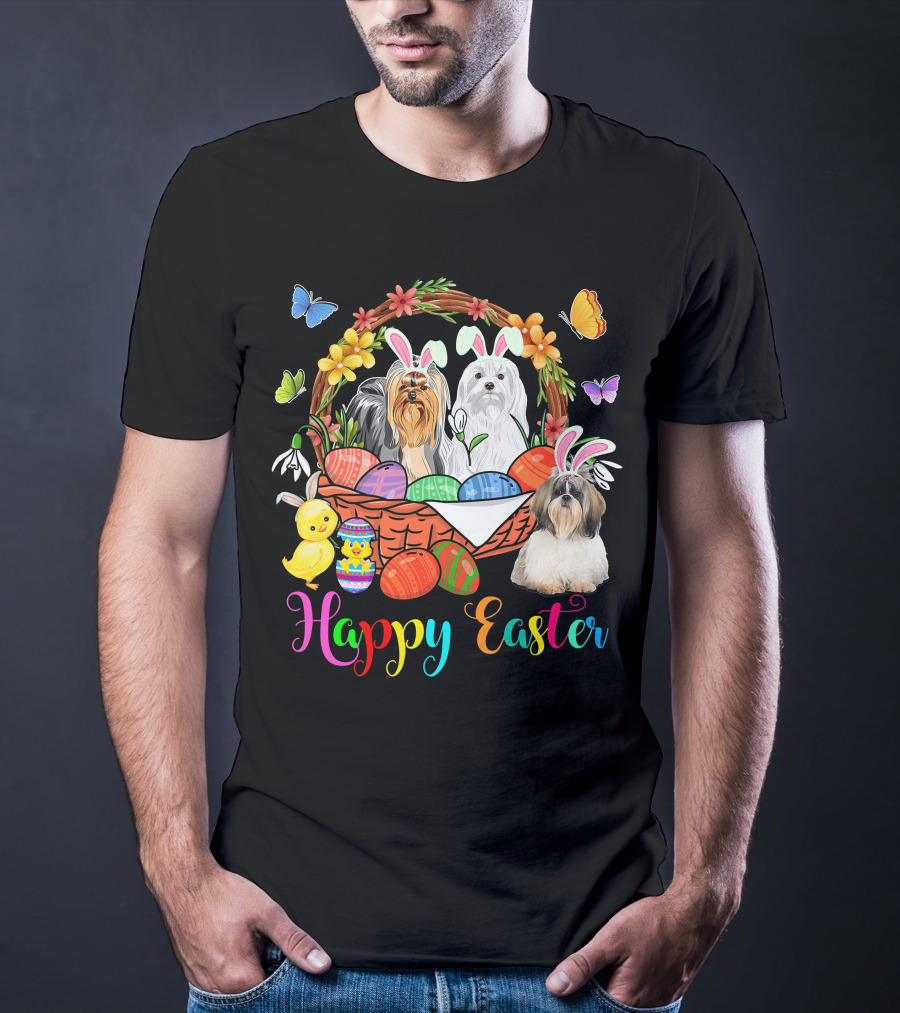 Happy Easter Three Bunny Shih Tzu Dogs In Easter Eggs Basket With Butterflies And Flowers T-Shirt