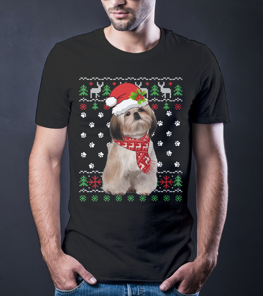 Christmas Shih Tzu Dog Puppy Ugly Sweater Santa Hat Reindeer Scarf T-Shirt