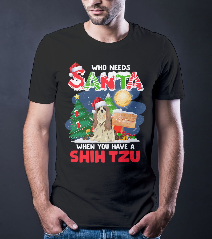 Santa Shih Tzu Merry Christmas Tree Moon Holiday T-Shirt