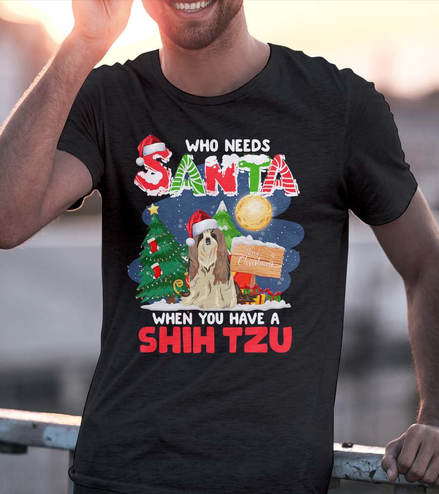Santa Shih Tzu Merry Christmas Tree Moon Holiday T-Shirt