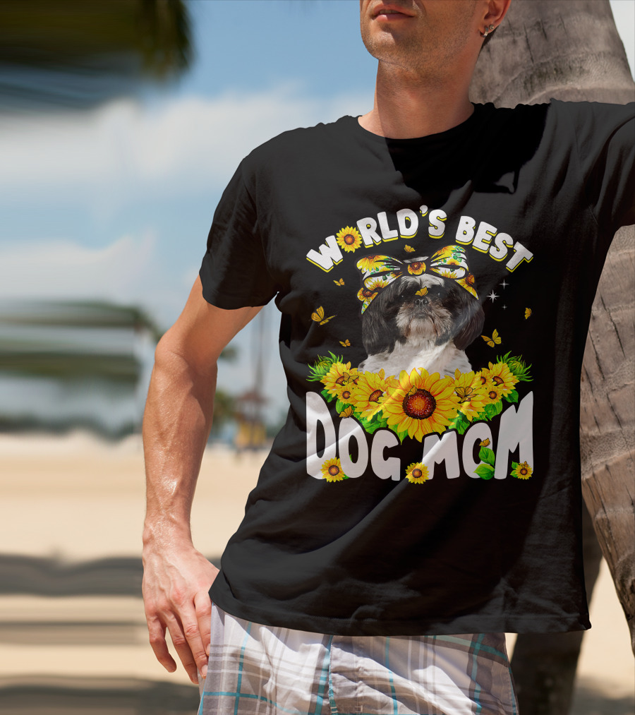 World's Best Shih Tzu Dog Mom Sunflowers And Butterflies T-Shirt
