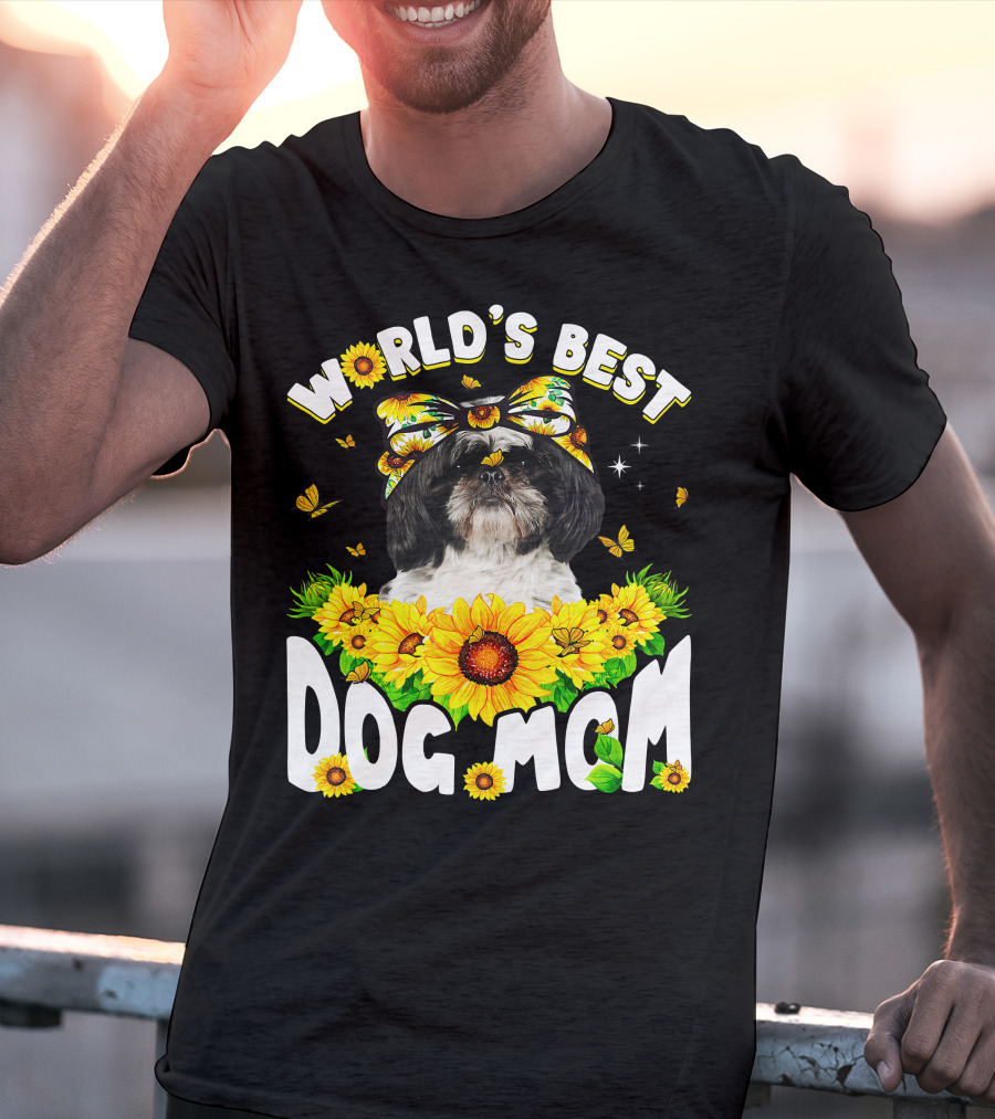World's Best Shih Tzu Dog Mom Sunflowers And Butterflies T-Shirt