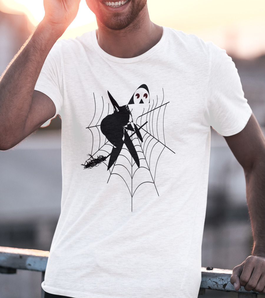 The Witch's House Spiderweb Logo Black Cat And Broomstick Silhouette Halloween T-Shirt