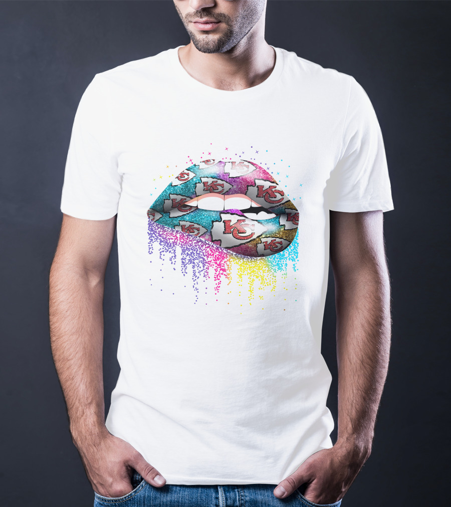 Kansas City Chiefs Glittery Lip Burst With Kc Logos And Sparkling Colors T-Shirt