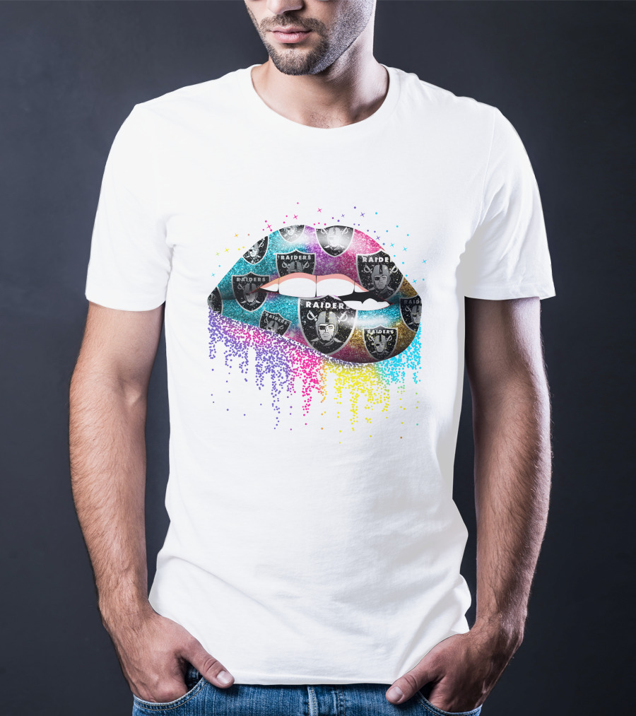 Lips With Colorful Glitter And Raiders Logo T-Shirt