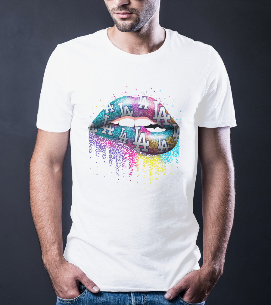 Lips Covered In Los Angeles Dodgers Multicolor La Logos T-Shirt